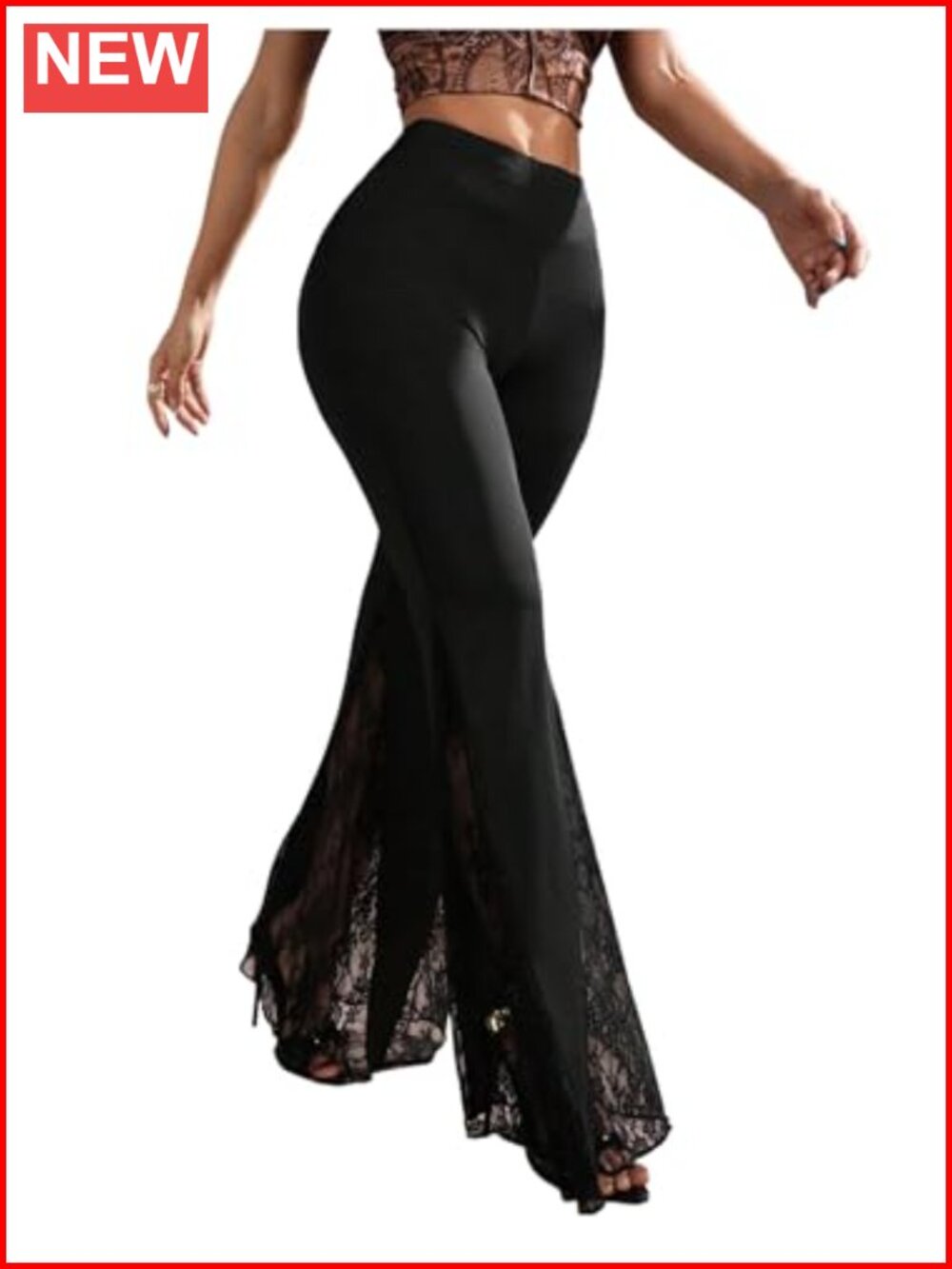 Floerns Floral Lace Flare Pants High Rise Elastic Waist Bell Bottom